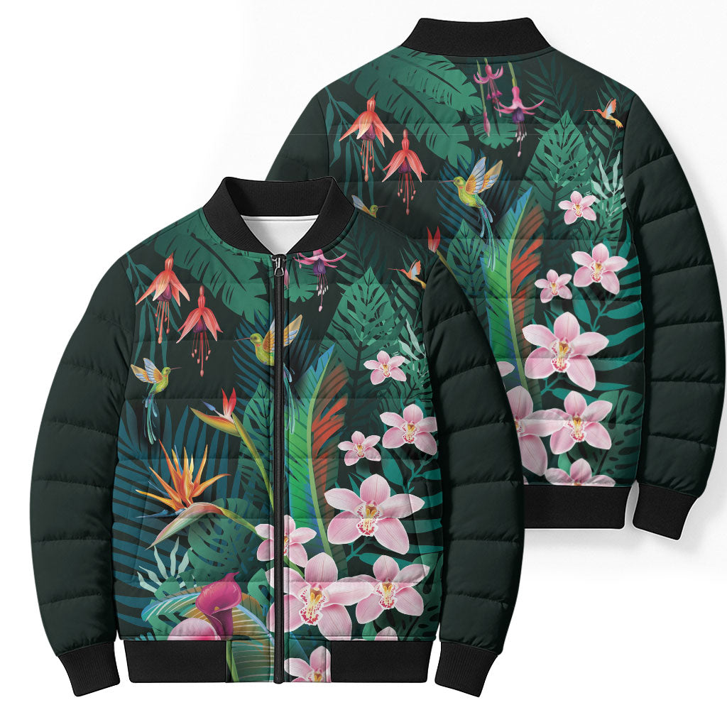 Hawaii Hummingbird Tropical Flowers Bomber Puffer Jacket Dark Green