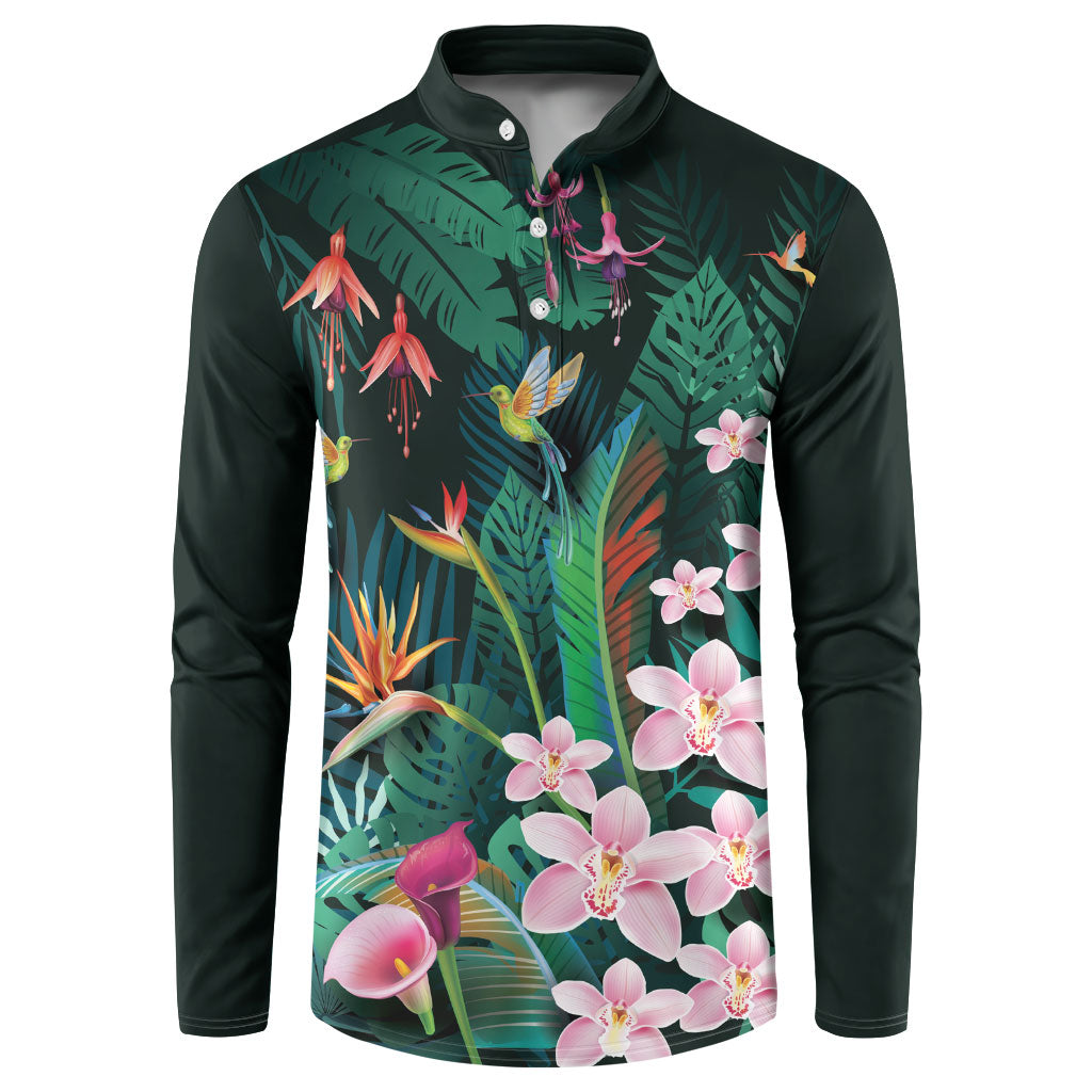 Hawaii Hummingbird Tropical Flowers Button Sweatshirt Dark Green