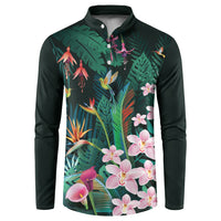 Hawaii Hummingbird Tropical Flowers Button Sweatshirt Dark Green