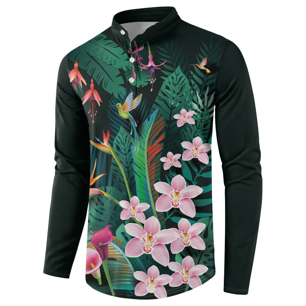 Hawaii Hummingbird Tropical Flowers Button Sweatshirt Dark Green