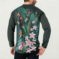 Hawaii Hummingbird Tropical Flowers Button Sweatshirt Dark Green