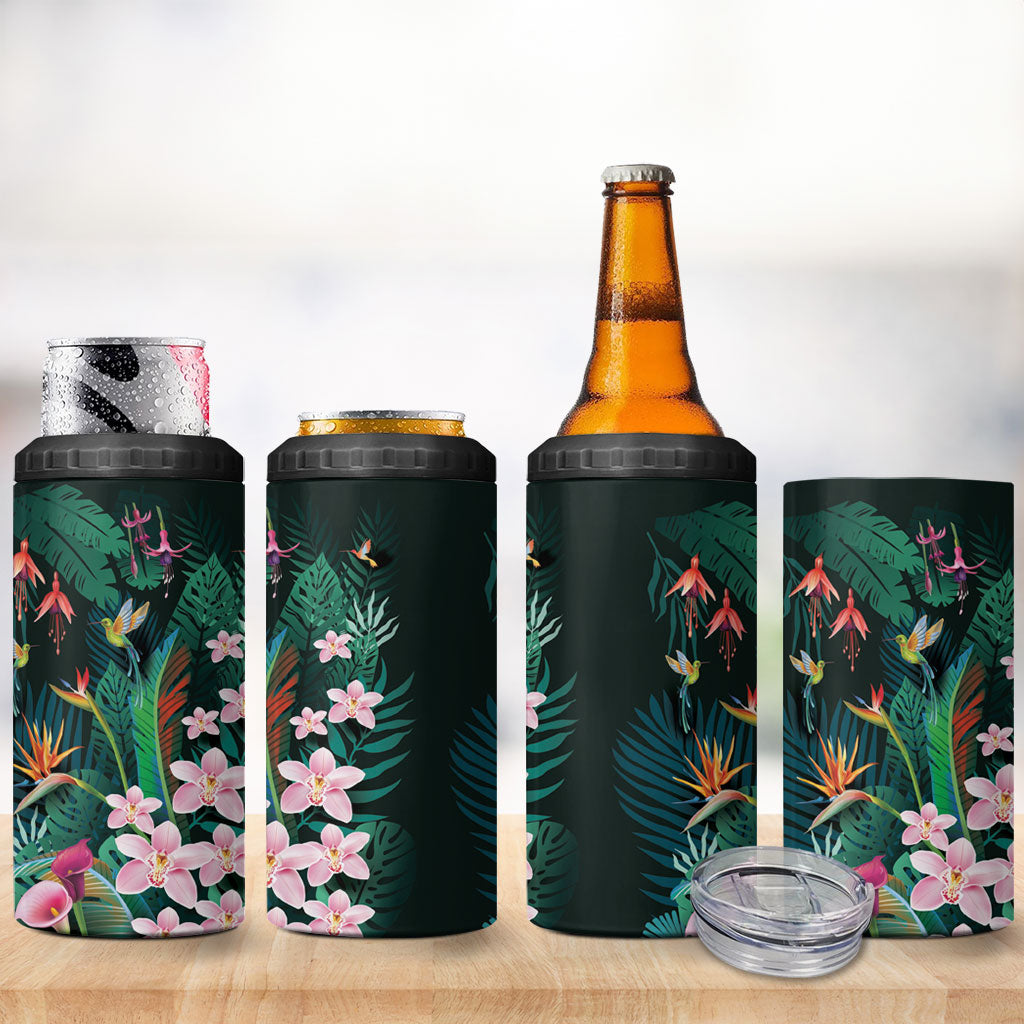 Hawaii Hummingbird Tropical Flowers 4 in 1 Can Cooler Tumbler Dark Green