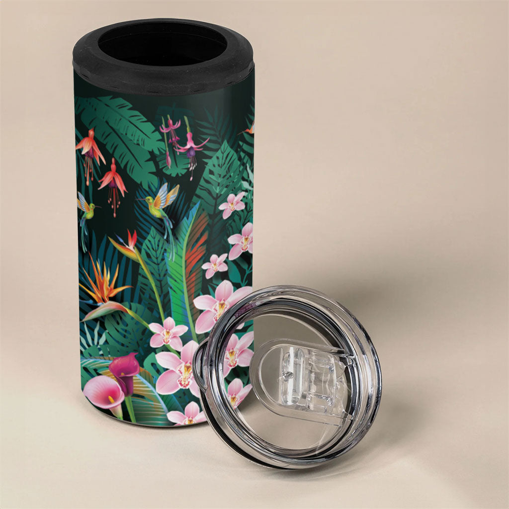 Hawaii Hummingbird Tropical Flowers 4 in 1 Can Cooler Tumbler Dark Green