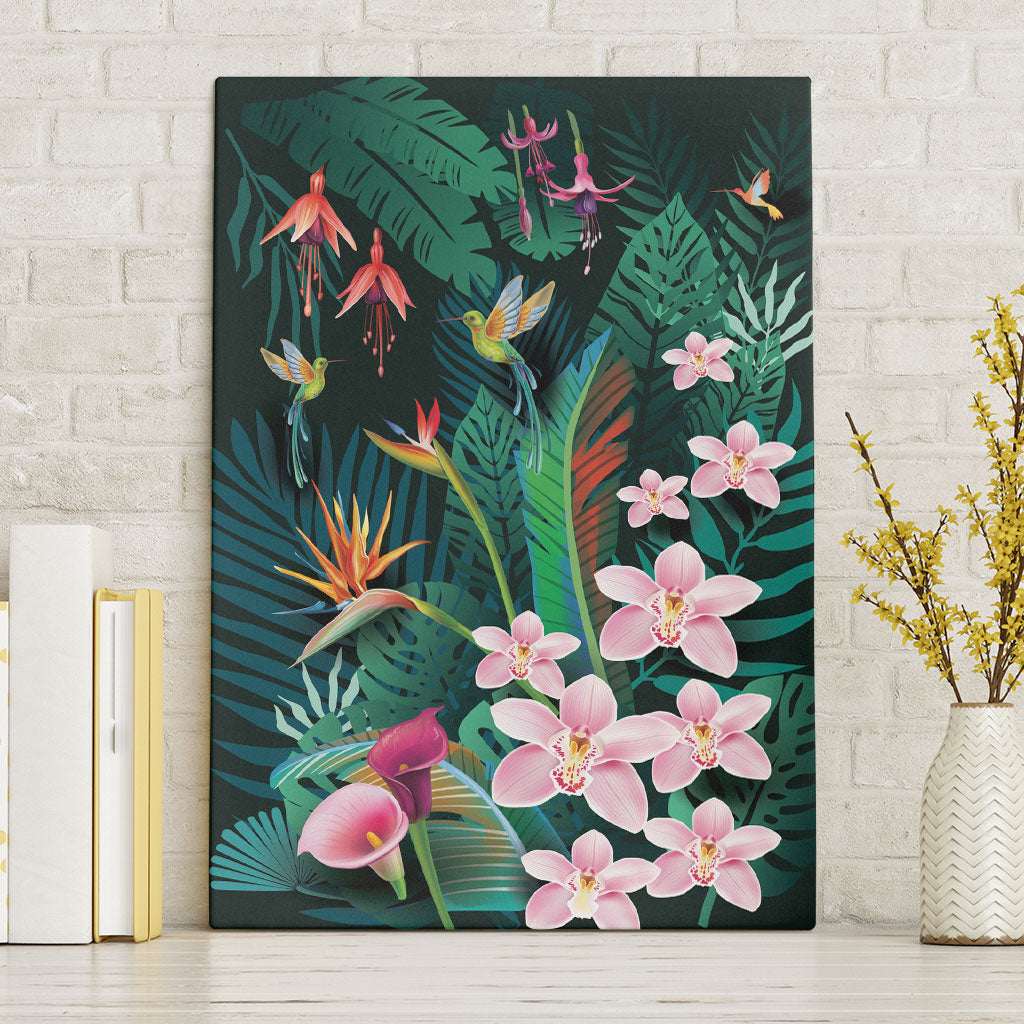 Hawaii Hummingbird Tropical Flowers Canvas Wall Art Dark Green LT01 Without Frame Green - Polynesian Pride