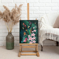 Hawaii Hummingbird Tropical Flowers Canvas Wall Art Dark Green