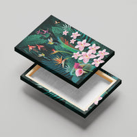 Hawaii Hummingbird Tropical Flowers Canvas Wall Art Dark Green