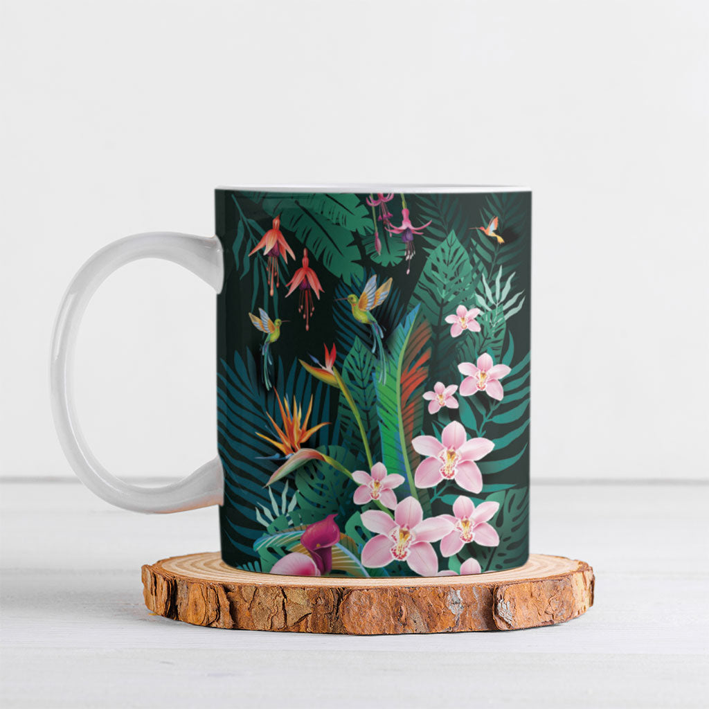 Hawaii Hummingbird Tropical Flowers Ceramic Mug Dark Green LT01 Green - Polynesian Pride