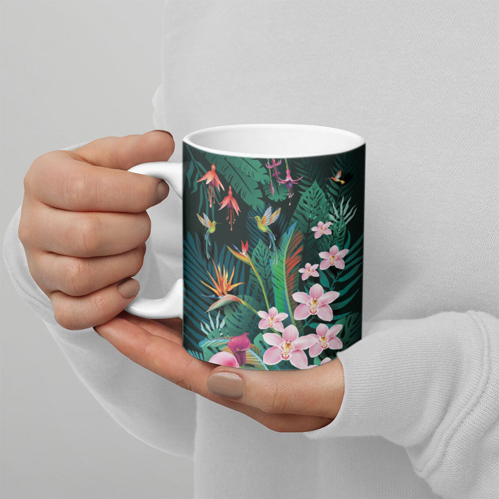 Hawaii Hummingbird Tropical Flowers Ceramic Mug Dark Green