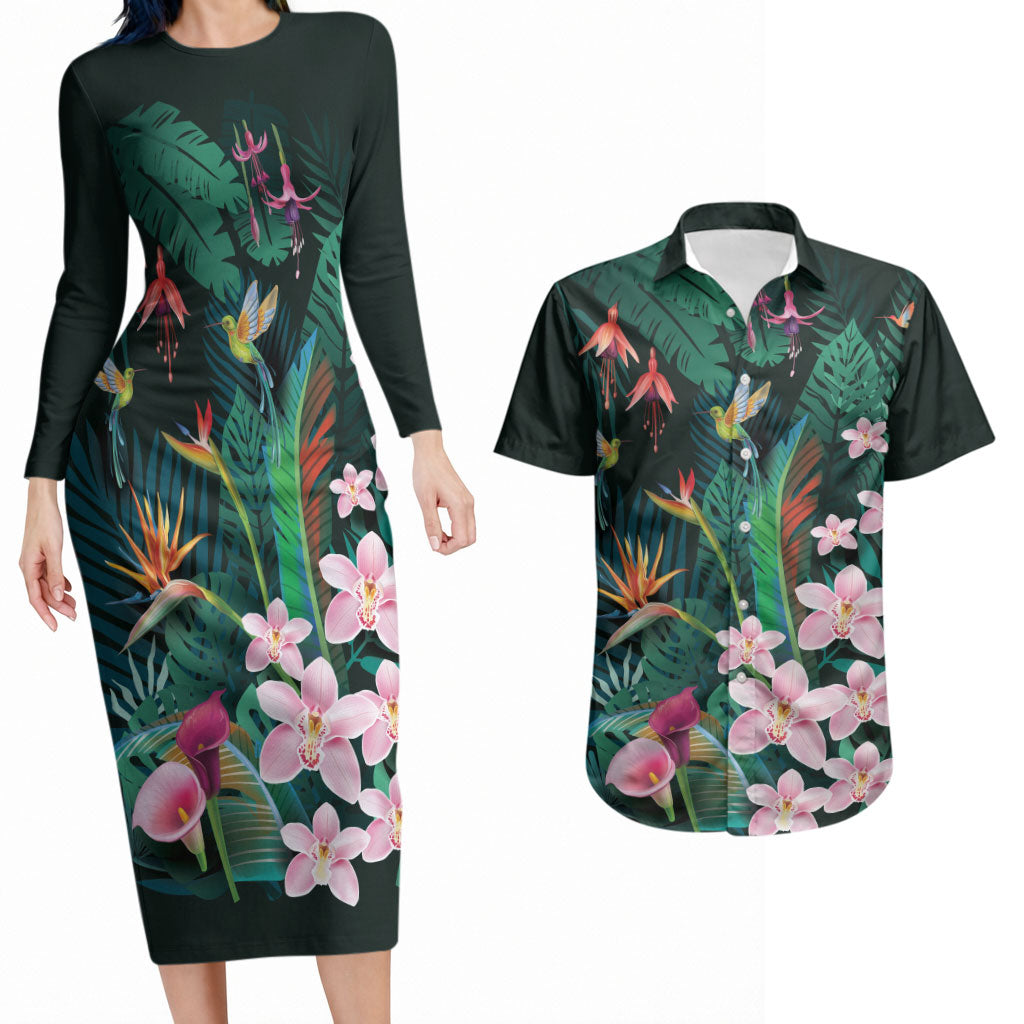 Hawaii Hummingbird Tropical Flowers Couples Matching Long Sleeve Bodycon Dress and Hawaiian Shirt Dark Green LT01 Green - Polynesian Pride