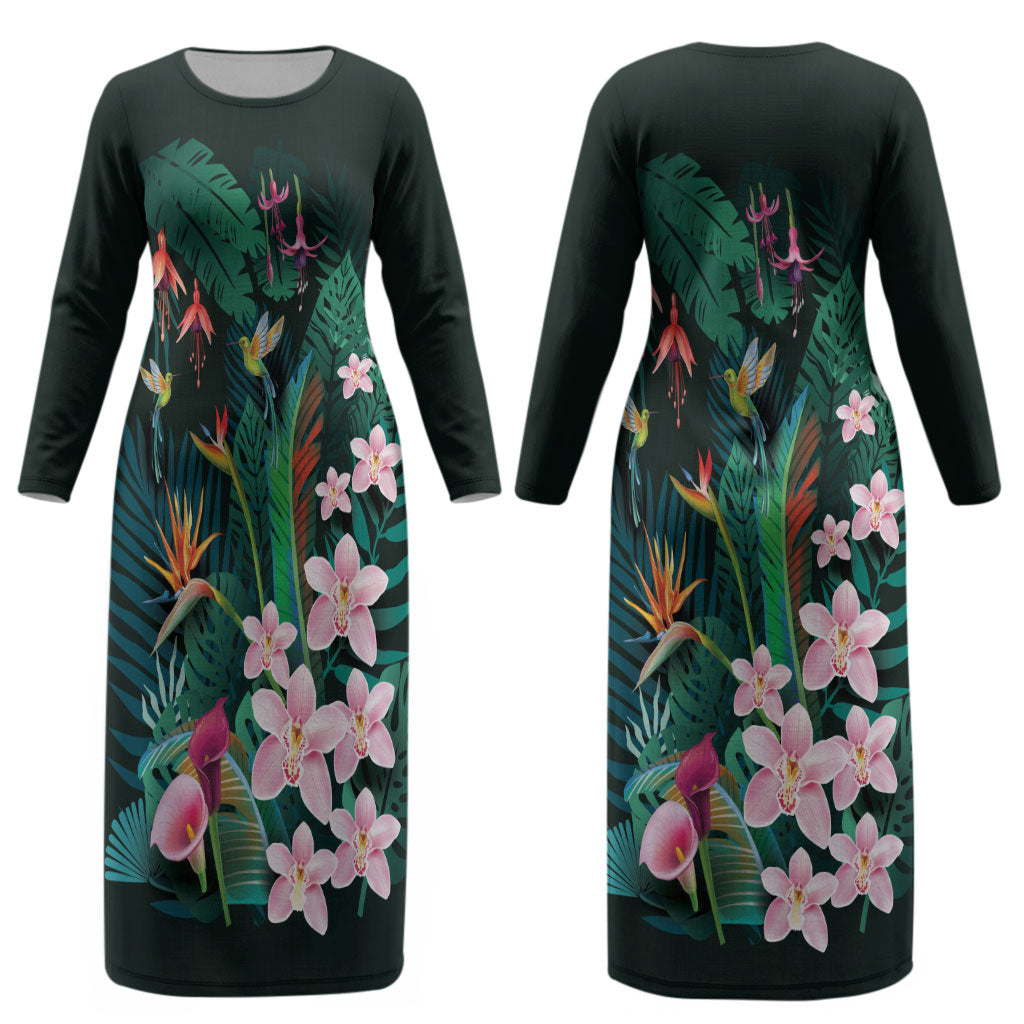 Hawaii Hummingbird Tropical Flowers Couples Matching Long Sleeve Bodycon Dress and Long Sleeve Button Shirt Dark Green