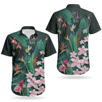 Hawaii Hummingbird Tropical Flowers Couples Matching Mermaid Dress and Hawaiian Shirt Dark Green