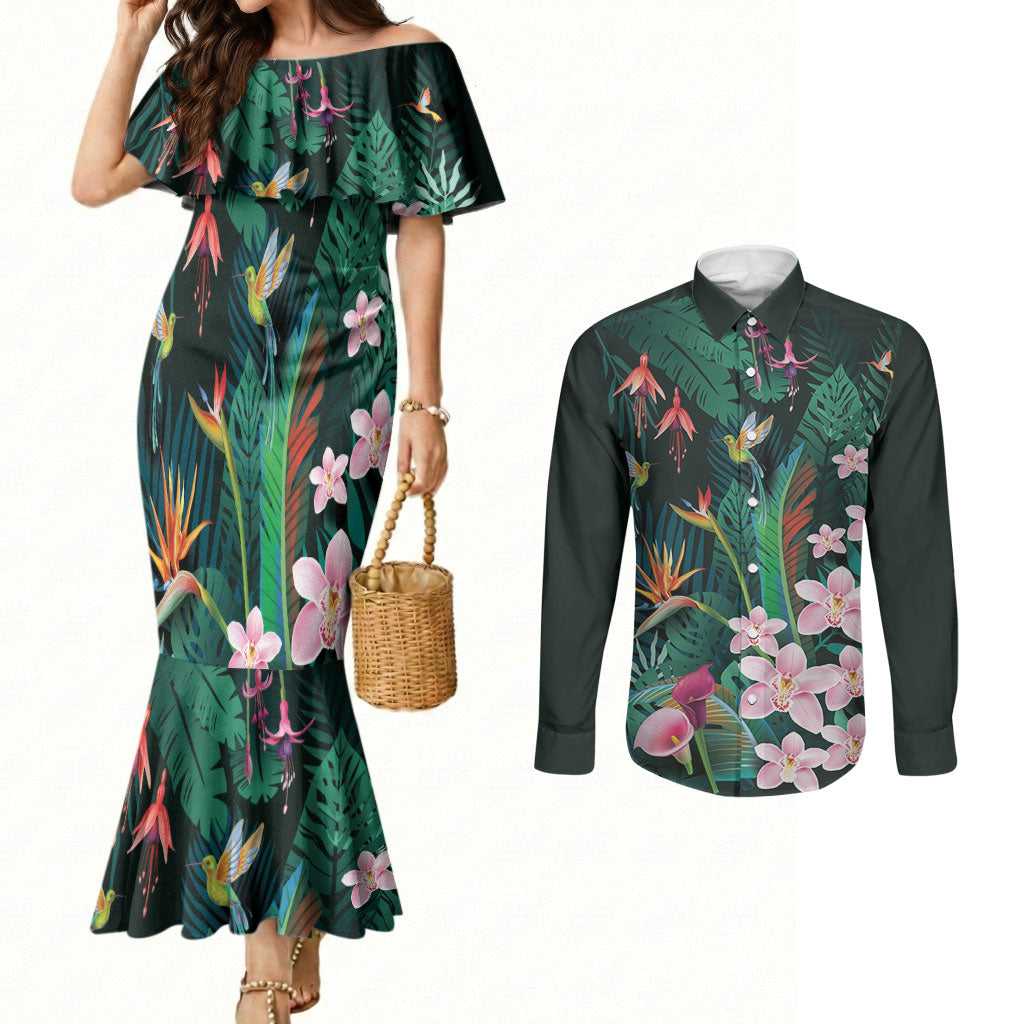 Hawaii Hummingbird Tropical Flowers Couples Matching Mermaid Dress and Long Sleeve Button Shirt Dark Green