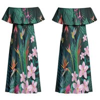 Hawaii Hummingbird Tropical Flowers Couples Matching Off Shoulder Maxi Dress and Long Sleeve Button Shirt Dark Green