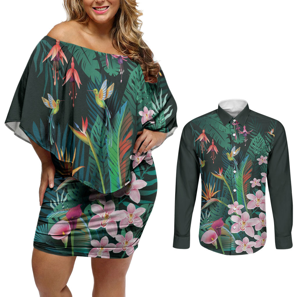 Hawaii Hummingbird Tropical Flowers Couples Matching Off Shoulder Short Dress and Long Sleeve Button Shirt Dark Green LT01 Green - Polynesian Pride