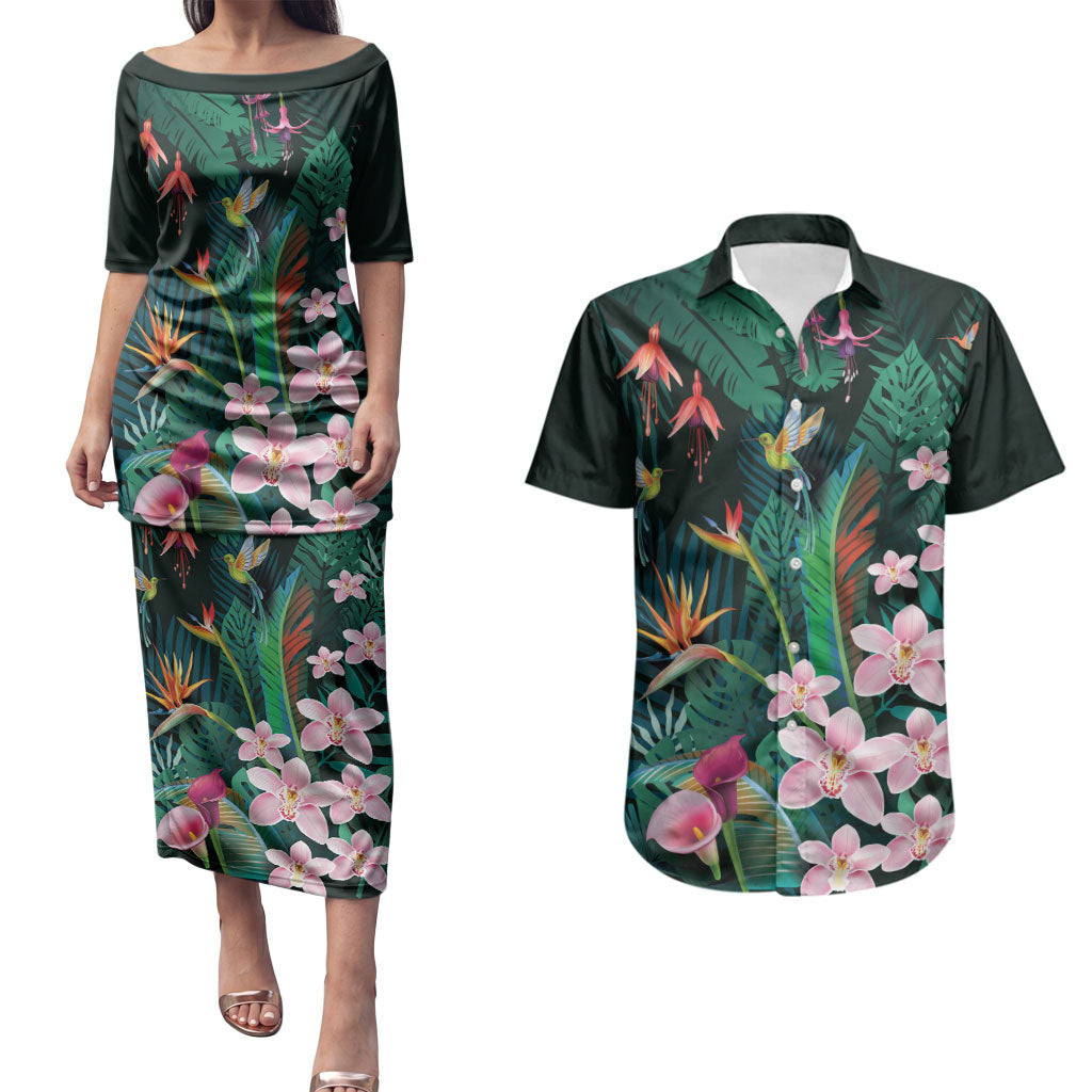 Hawaii Hummingbird Tropical Flowers Couples Matching Puletasi and Hawaiian Shirt Dark Green