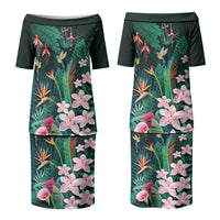 Hawaii Hummingbird Tropical Flowers Couples Matching Puletasi and Hawaiian Shirt Dark Green