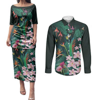 Hawaii Hummingbird Tropical Flowers Couples Matching Puletasi and Long Sleeve Button Shirt Dark Green