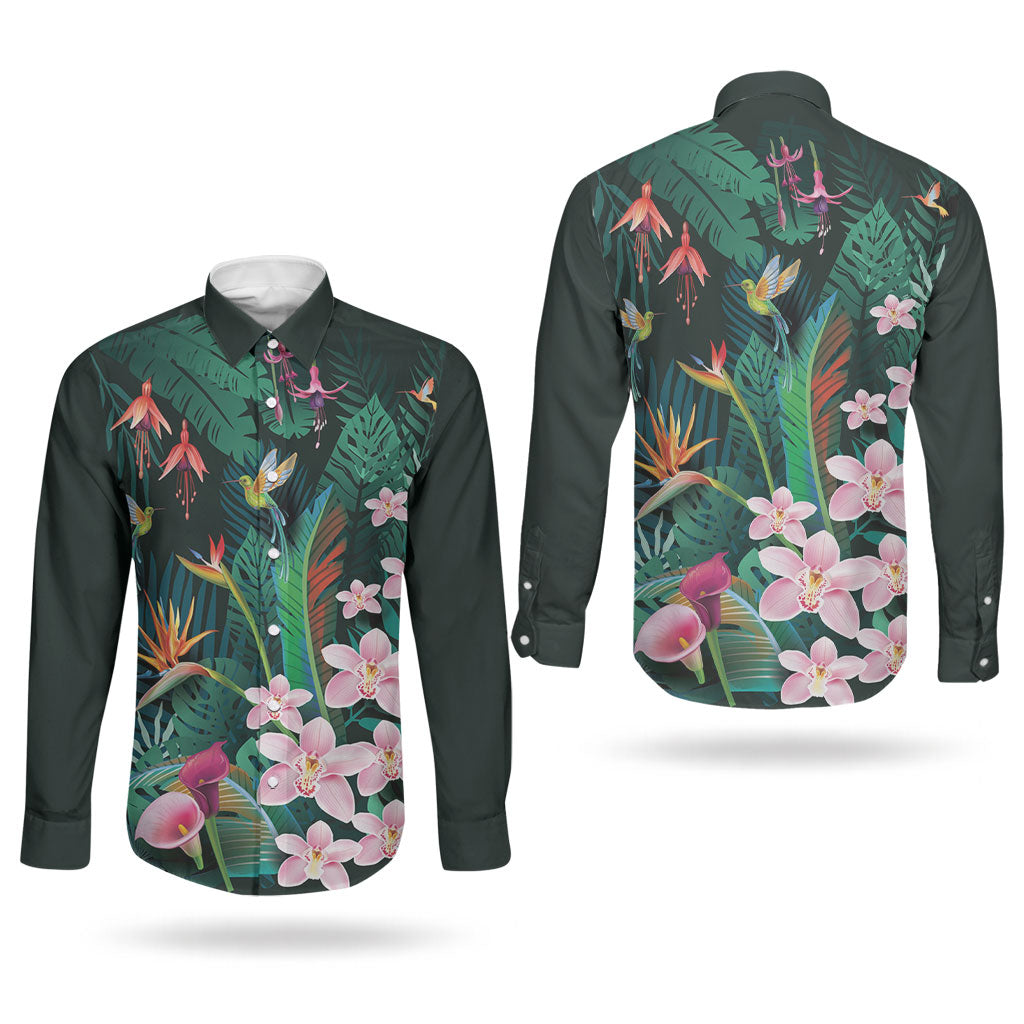 Hawaii Hummingbird Tropical Flowers Couples Matching Puletasi and Long Sleeve Button Shirt Dark Green