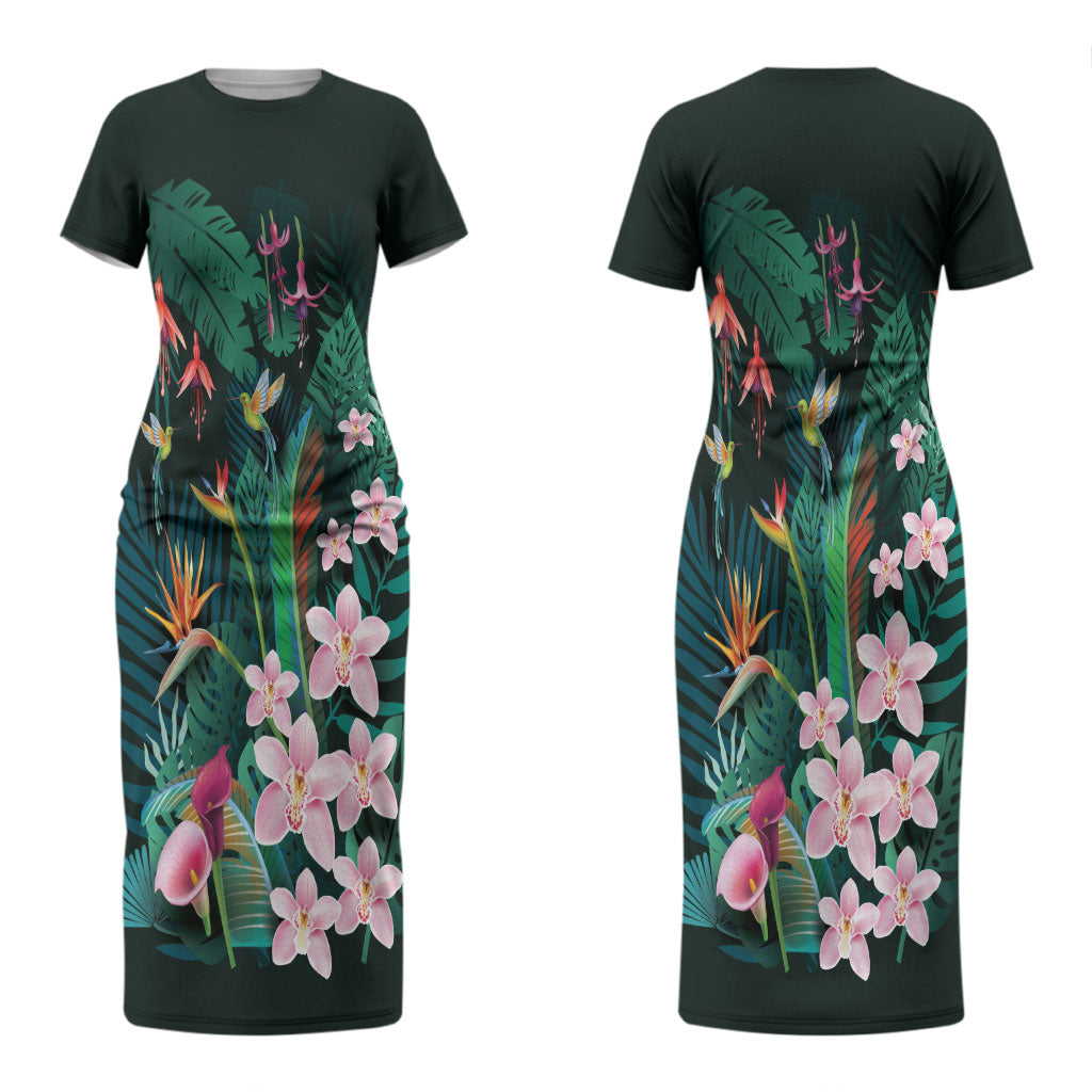 Hawaii Hummingbird Tropical Flowers Couples Matching Short Sleeve Bodycon Dress and Hawaiian Shirt Dark Green