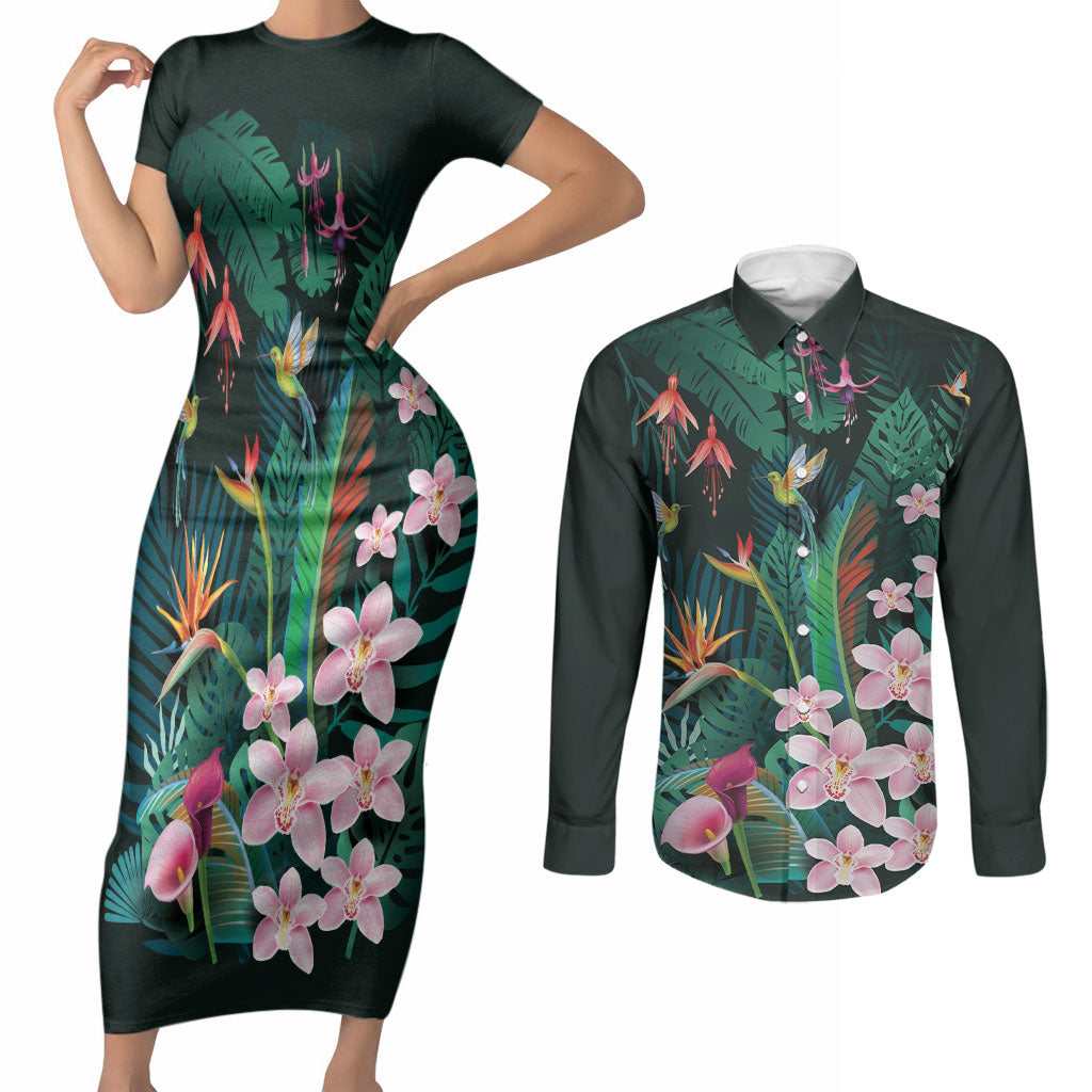 Hawaii Hummingbird Tropical Flowers Couples Matching Short Sleeve Bodycon Dress and Long Sleeve Button Shirt Dark Green