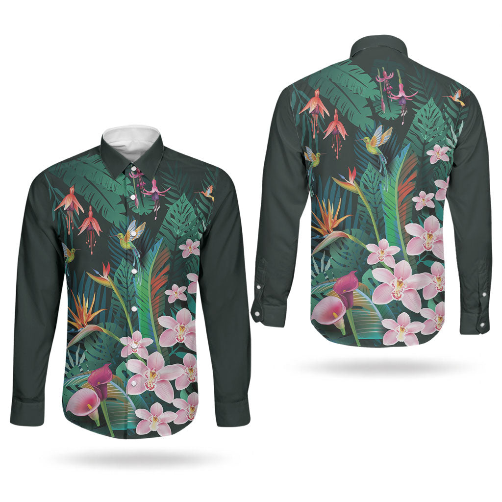 Hawaii Hummingbird Tropical Flowers Couples Matching Short Sleeve Bodycon Dress and Long Sleeve Button Shirt Dark Green