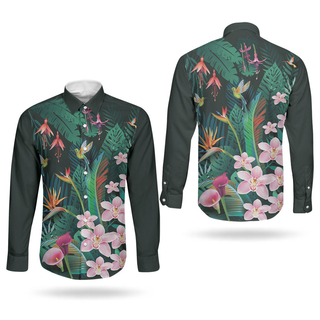 Hawaii Hummingbird Tropical Flowers Couples Matching Summer Maxi Dress and Long Sleeve Button Shirt Dark Green