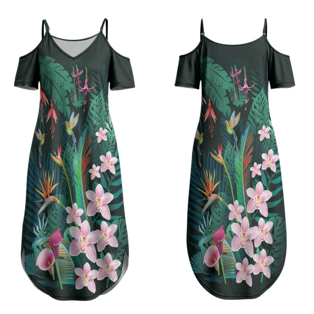 Hawaii Hummingbird Tropical Flowers Couples Matching Summer Maxi Dress and Long Sleeve Button Shirt Dark Green