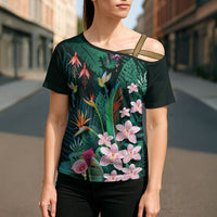 Hawaii Hummingbird Tropical Flowers Cross Shoulder Shirt Dark Green