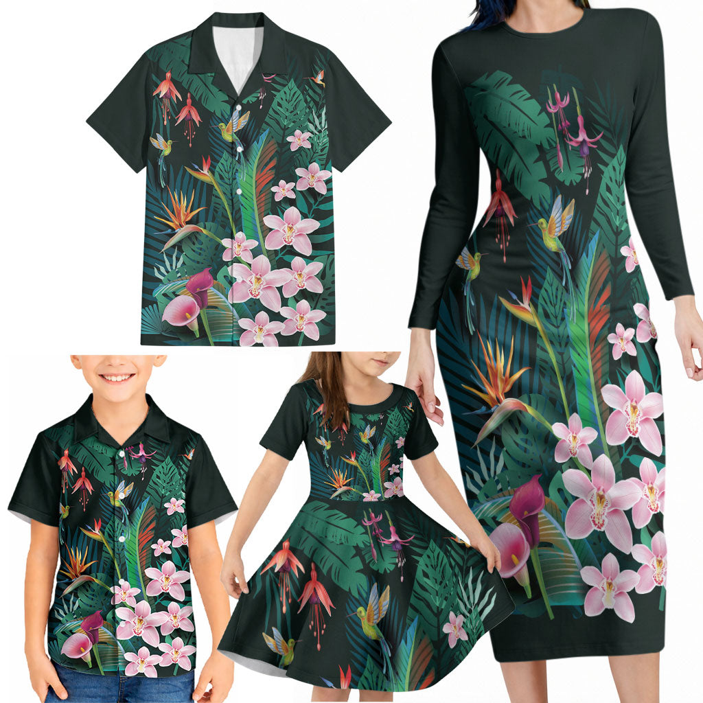 Hawaii Hummingbird Tropical Flowers Family Matching Long Sleeve Bodycon Dress and Hawaiian Shirt Dark Green LT01 - Polynesian Pride