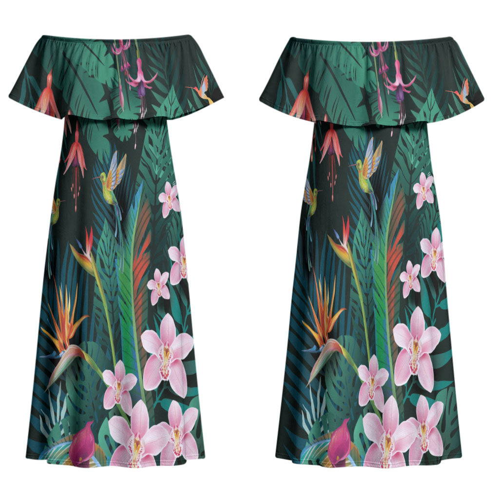 Hawaii Hummingbird Tropical Flowers Family Matching Off Shoulder Maxi Dress and Hawaiian Shirt Dark Green