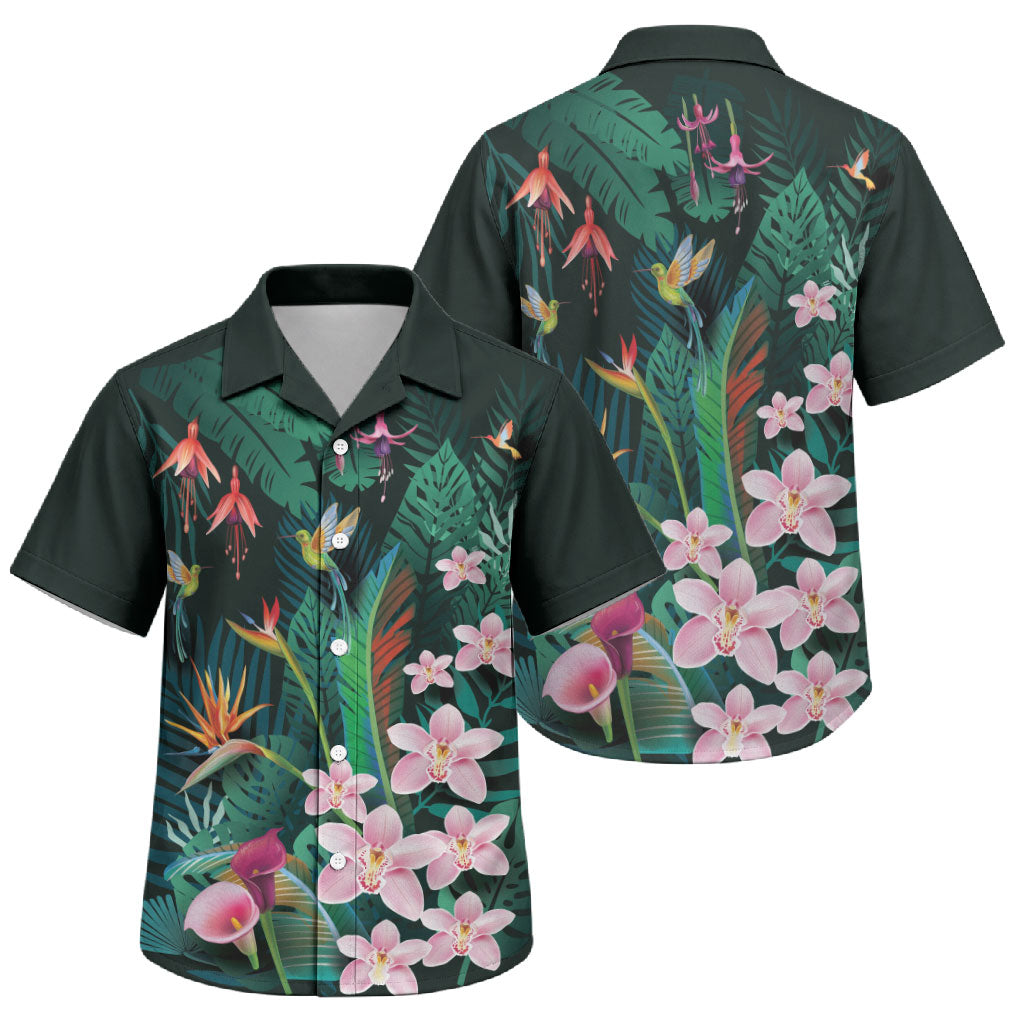Hawaii Hummingbird Tropical Flowers Family Matching Off Shoulder Maxi Dress and Hawaiian Shirt Dark Green