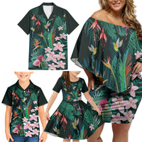 Hawaii Hummingbird Tropical Flowers Family Matching Off Shoulder Short Dress and Hawaiian Shirt Dark Green