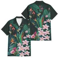 Hawaii Hummingbird Tropical Flowers Family Matching Off Shoulder Short Dress and Hawaiian Shirt Dark Green
