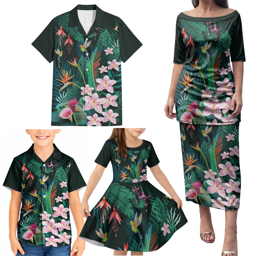 Hawaii Hummingbird Tropical Flowers Family Matching Puletasi and Hawaiian Shirt Dark Green LT01 - Polynesian Pride
