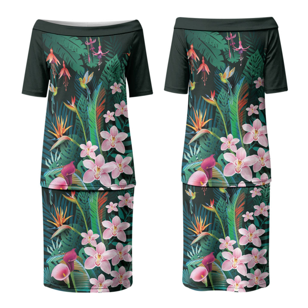 Hawaii Hummingbird Tropical Flowers Family Matching Puletasi and Hawaiian Shirt Dark Green