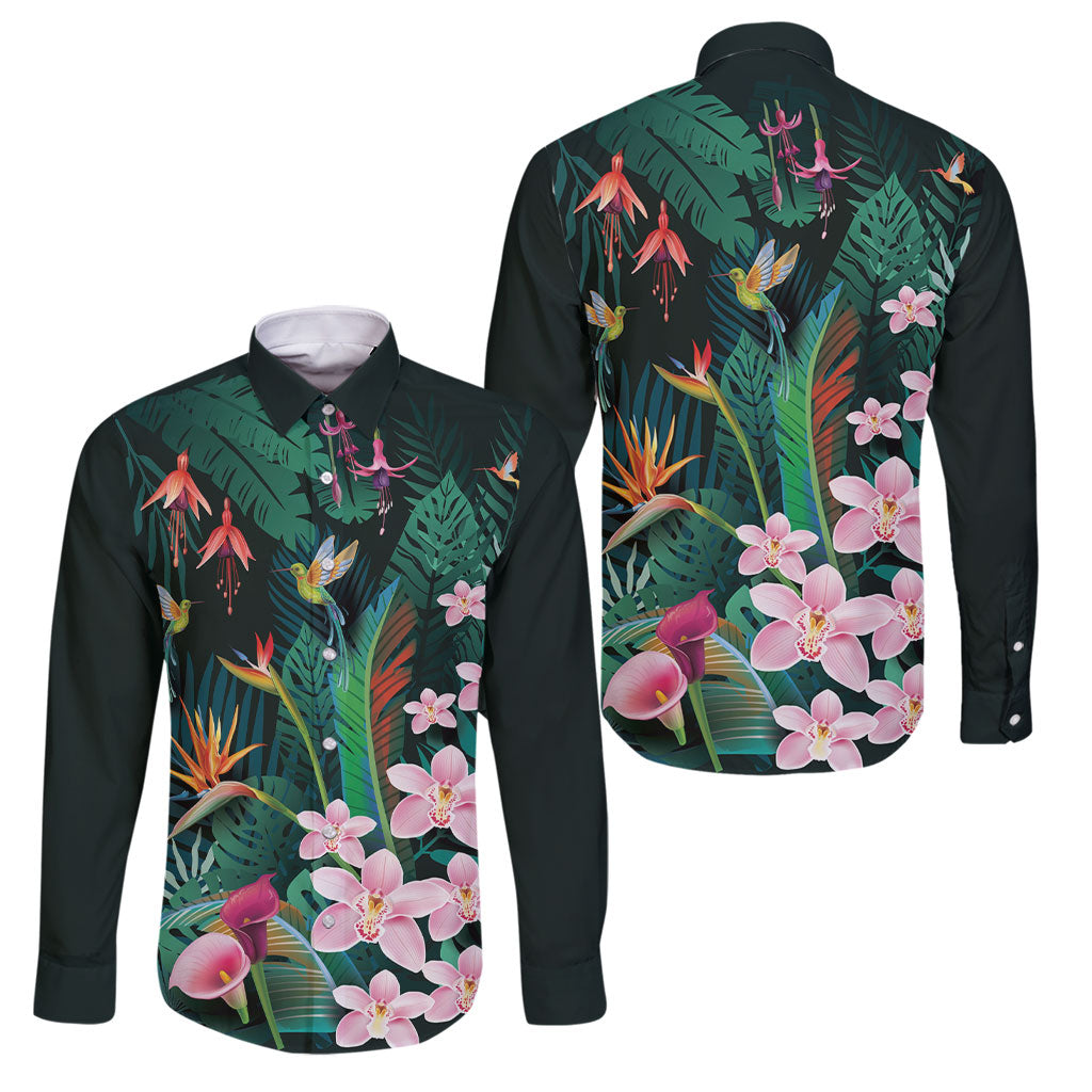 Hawaii Hummingbird Tropical Flowers Family Matching Puletasi and Hawaiian Shirt Dark Green