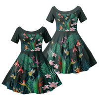 Hawaii Hummingbird Tropical Flowers Family Matching Puletasi and Hawaiian Shirt Dark Green