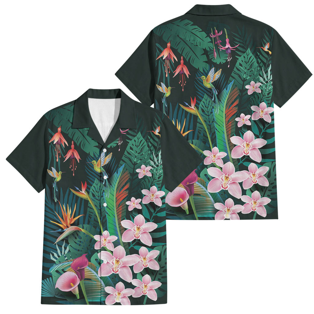 Hawaii Hummingbird Tropical Flowers Family Matching Short Sleeve Bodycon Dress and Hawaiian Shirt Dark Green