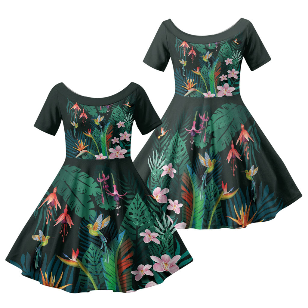 Hawaii Hummingbird Tropical Flowers Family Matching Short Sleeve Bodycon Dress and Hawaiian Shirt Dark Green