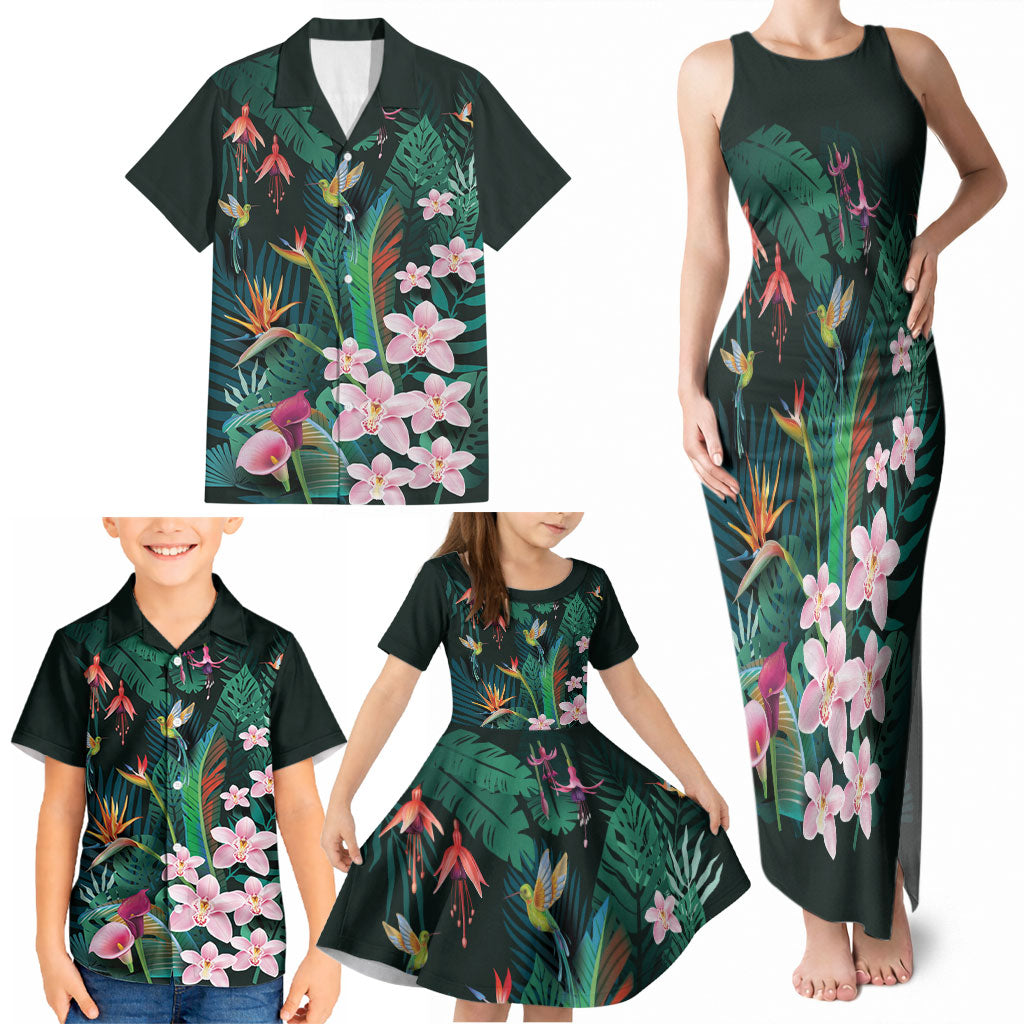 Hawaii Hummingbird Tropical Flowers Family Matching Tank Maxi Dress and Hawaiian Shirt Dark Green