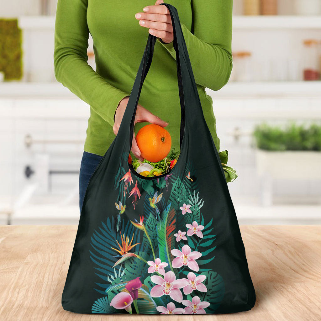 Hawaii Hummingbird Tropical Flowers Grocery Bag Dark Green