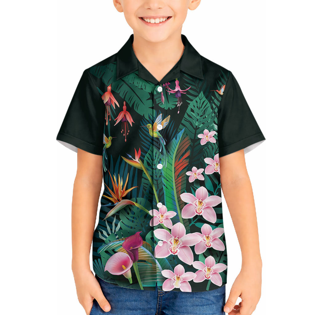 Hawaii Hummingbird Tropical Flowers Hawaiian Shirt Dark Green