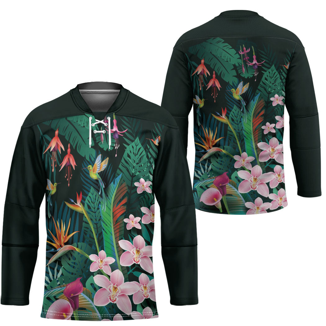 Hawaii Hummingbird Tropical Flowers Hockey Jersey Dark Green