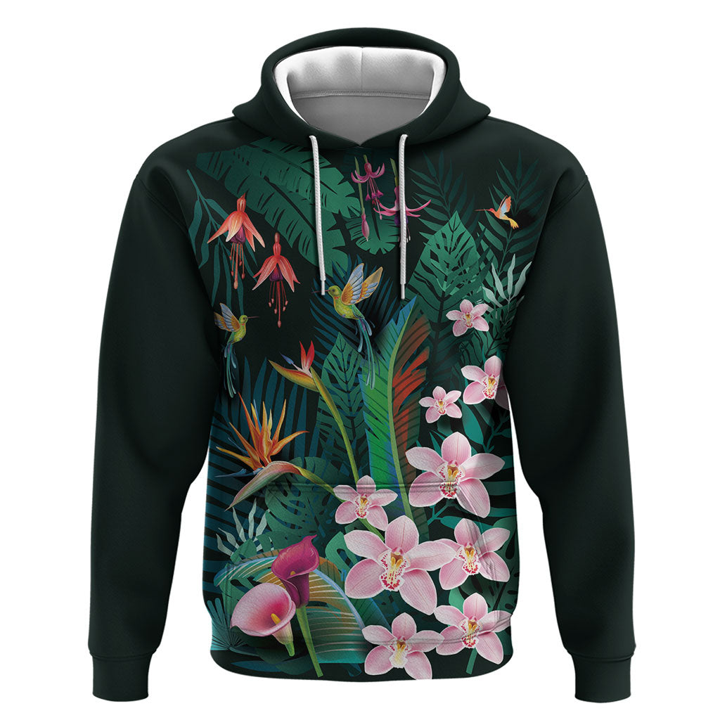Hawaii Hummingbird Tropical Flowers Hoodie Dark Green