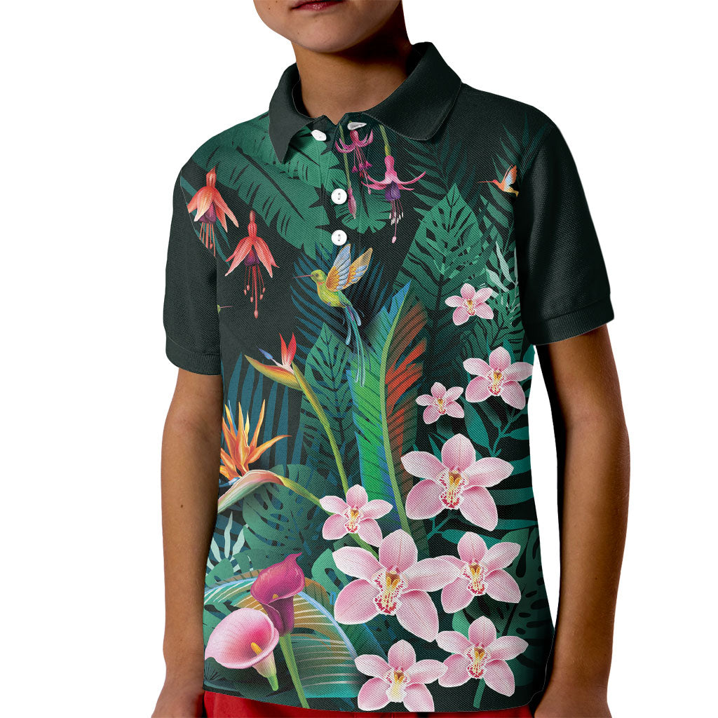 Hawaii Hummingbird Tropical Flowers Kid Polo Shirt Dark Green