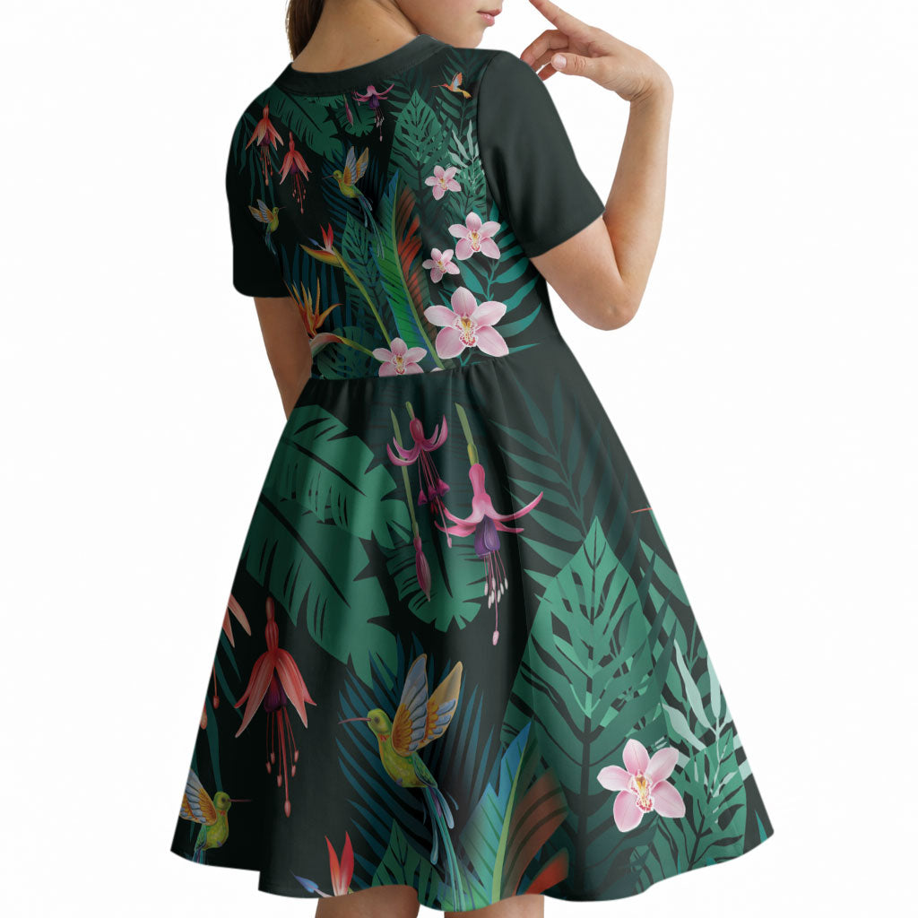 Hawaii Hummingbird Tropical Flowers Kid Short Sleeve Dress Dark Green
