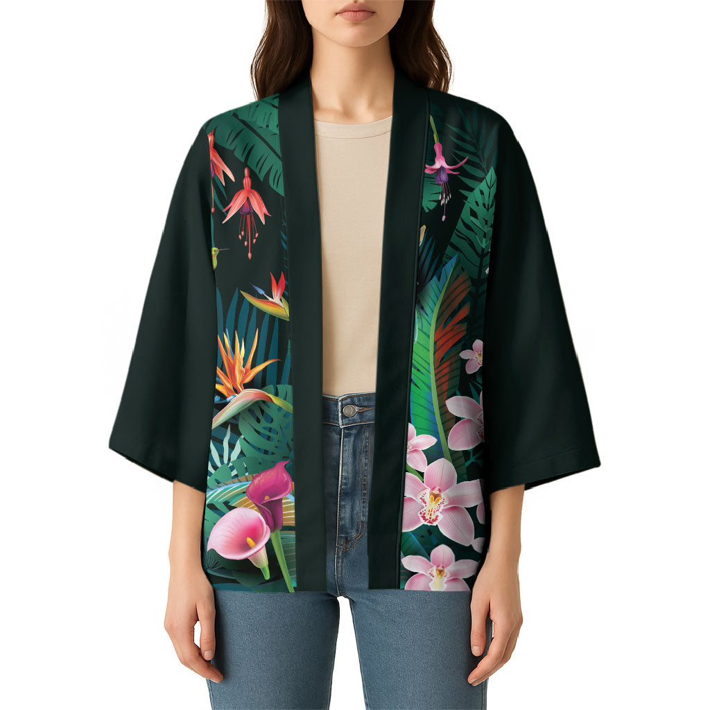 Hawaii Hummingbird Tropical Flowers Kimono Dark Green