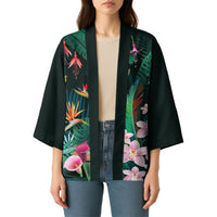 Hawaii Hummingbird Tropical Flowers Kimono Dark Green