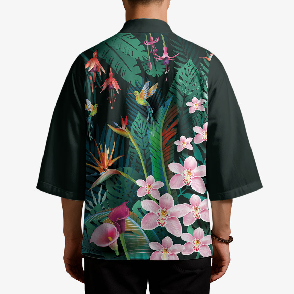 Hawaii Hummingbird Tropical Flowers Kimono Dark Green