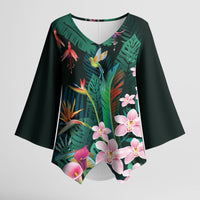 Hawaii Hummingbird Tropical Flowers Kimono Sleeve Blouse Dark Green